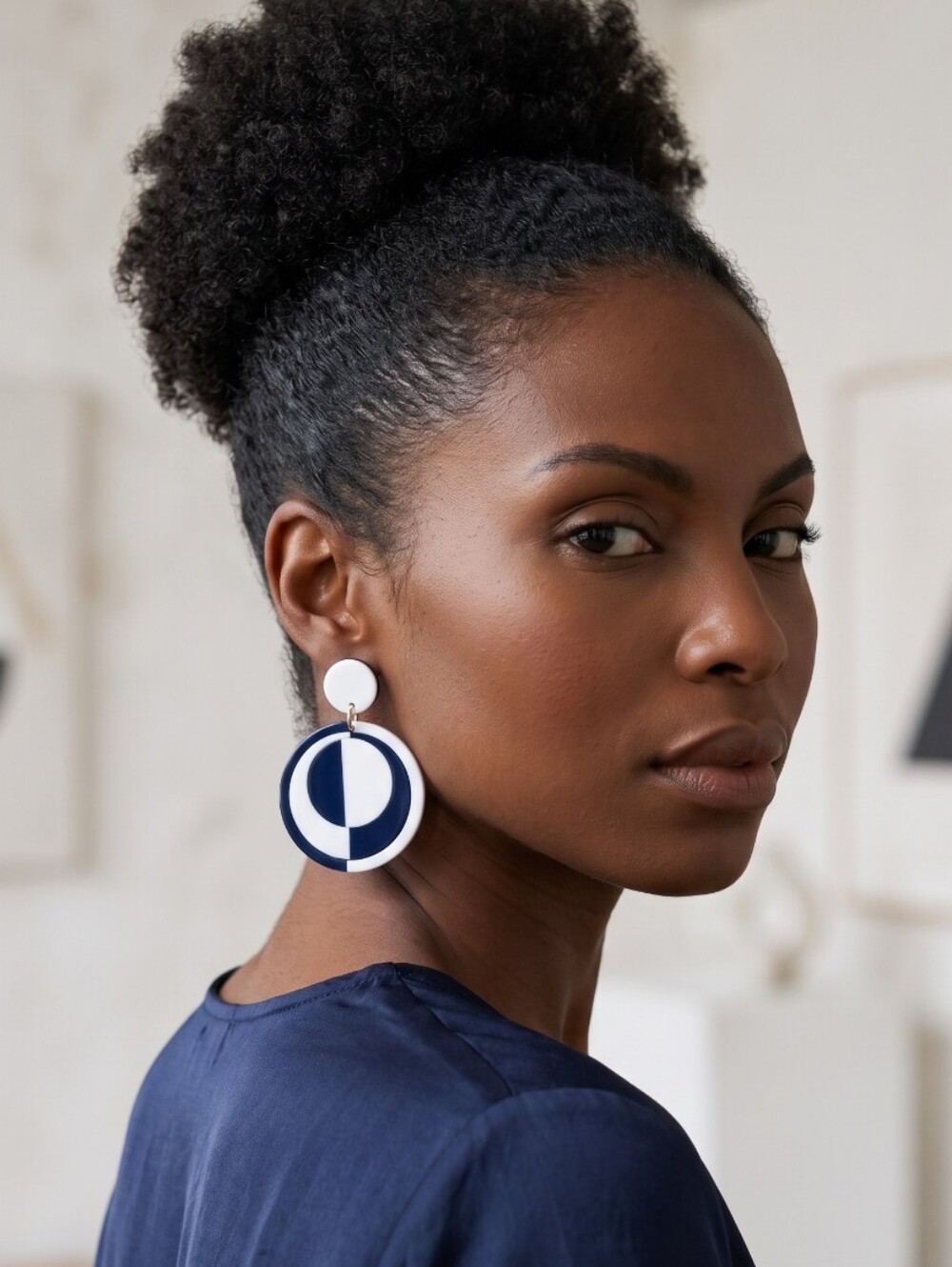 Geometric Retro Art Navy Blue & White Circular Drop Acrylic Earrings